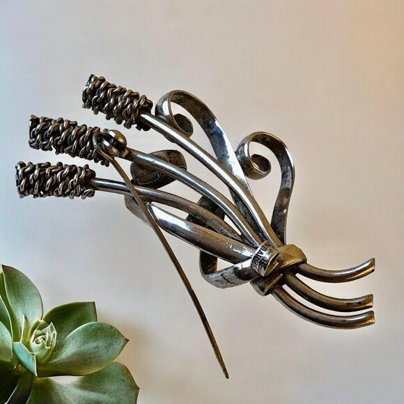 Sterling Silver Vintage Brooch Cattails Bulrush Reed Plant Signed ss grams - Picture 7 of 14